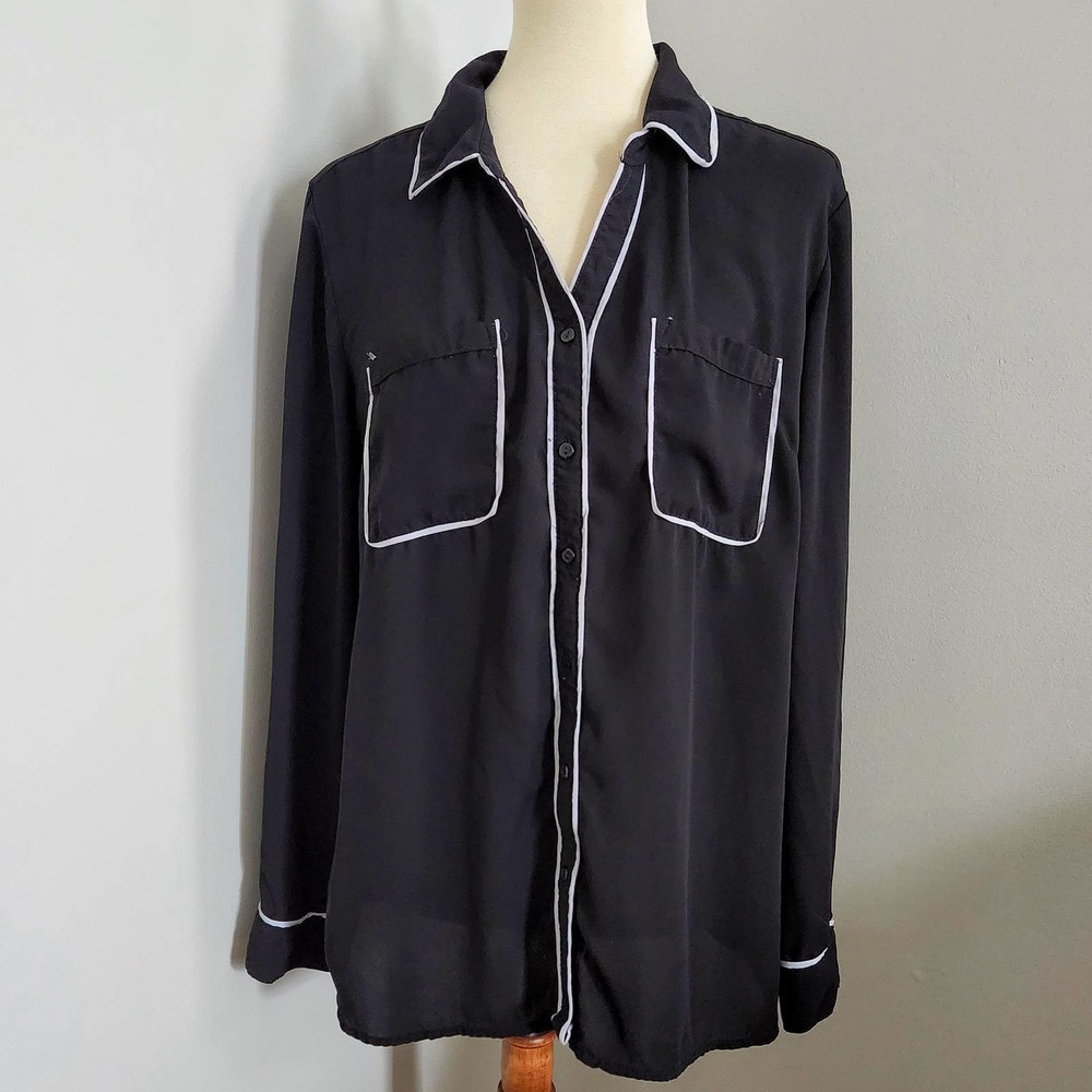 Relativity Black and White Button Up Sheer Blouse